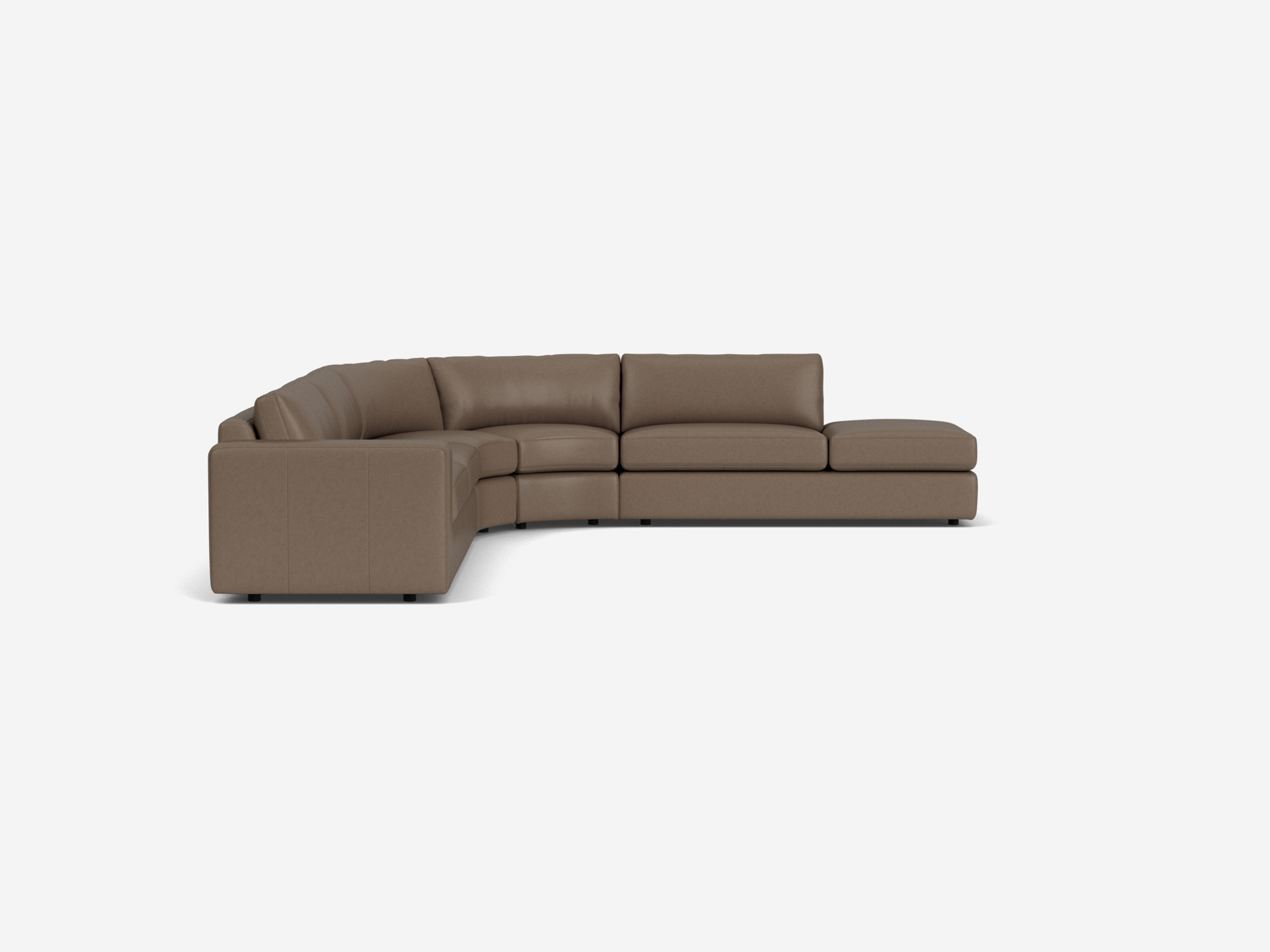 Brown curved leather sectional sofa with right hand chaise left side view